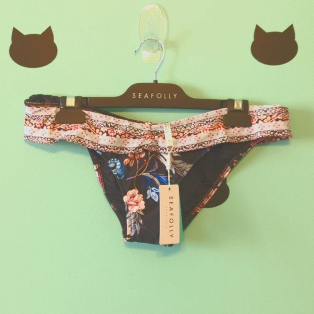 Seafolly High Cut Bikini Bottoms Black Floral US New